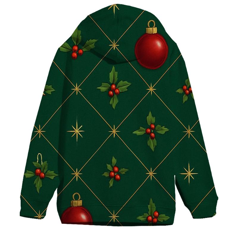 Crimson Ornament Lattice On Deep Pine Background printed hoodies