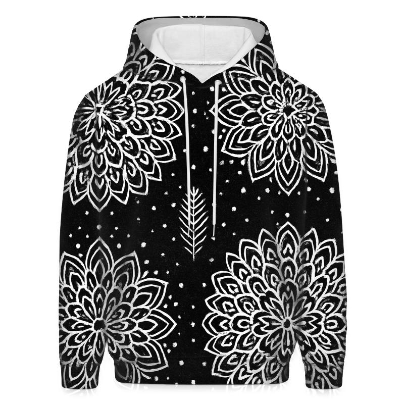 White Snowflake Rosette Medallions On Black Background custom hoodies