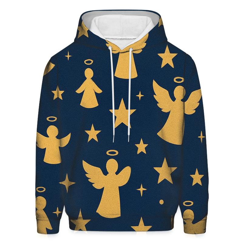 Golden Star And Angel Silhouette Scatter On Navy Background embroidered hoodies