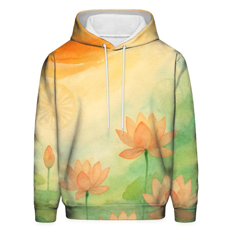 Watercolor Flag Of India Flowing Into Lotus Garden printed hoodies