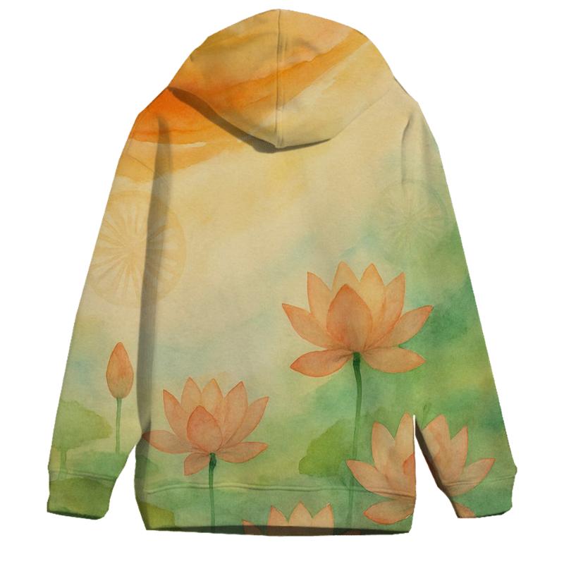 Watercolor Flag Of India Flowing Into Lotus Garden printed hoodies