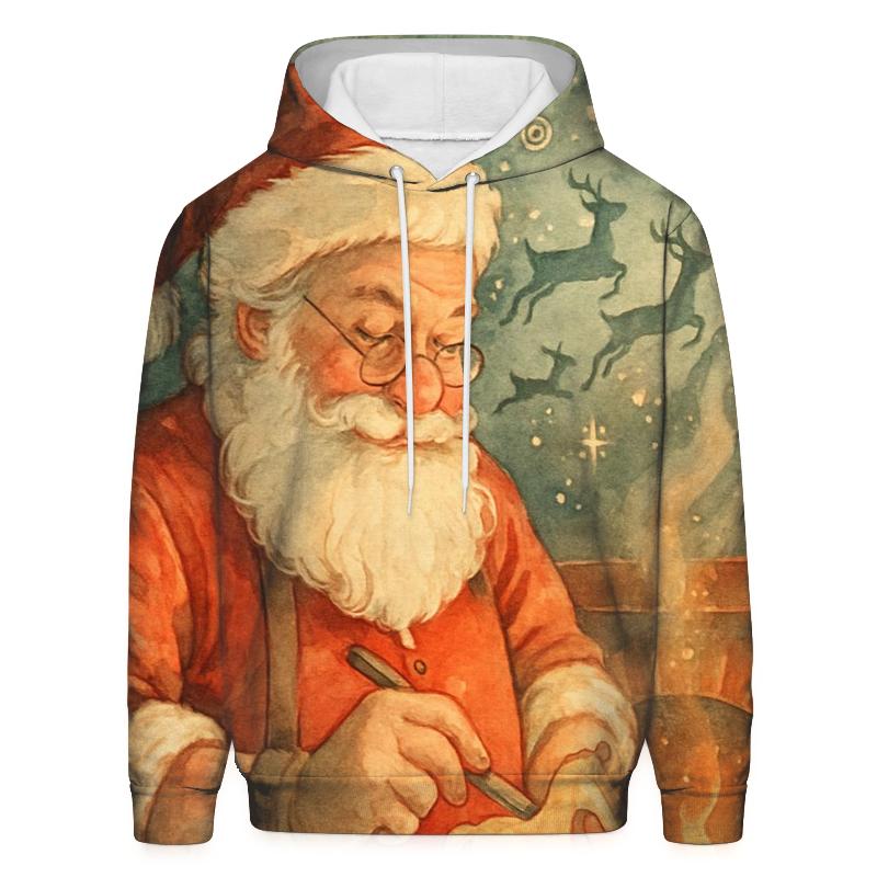 Fireside Toymaker Santa In The Snow Globe Workshop printed hoodies