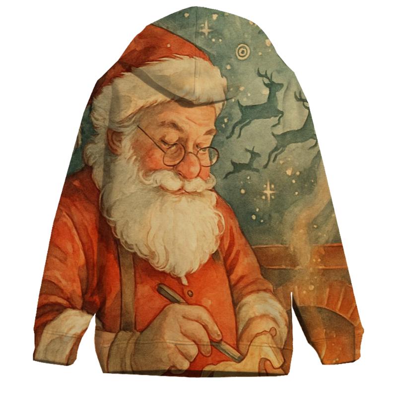 Fireside Toymaker Santa In The Snow Globe Workshop printed hoodies