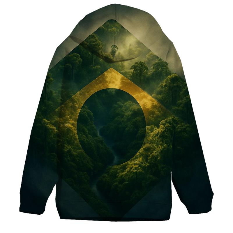 Double Exposure Flag Of Brazil With Rainforest Canopy zip-up hoodies