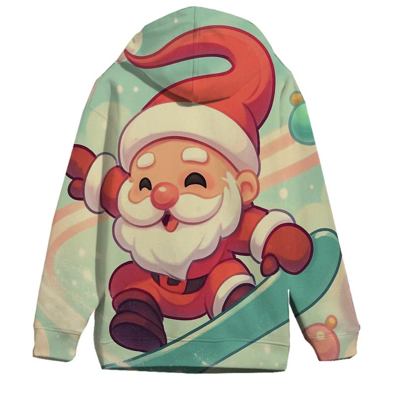 Chibi Santa Snowboard Trick Through Peppermint Clouds premium hoodies