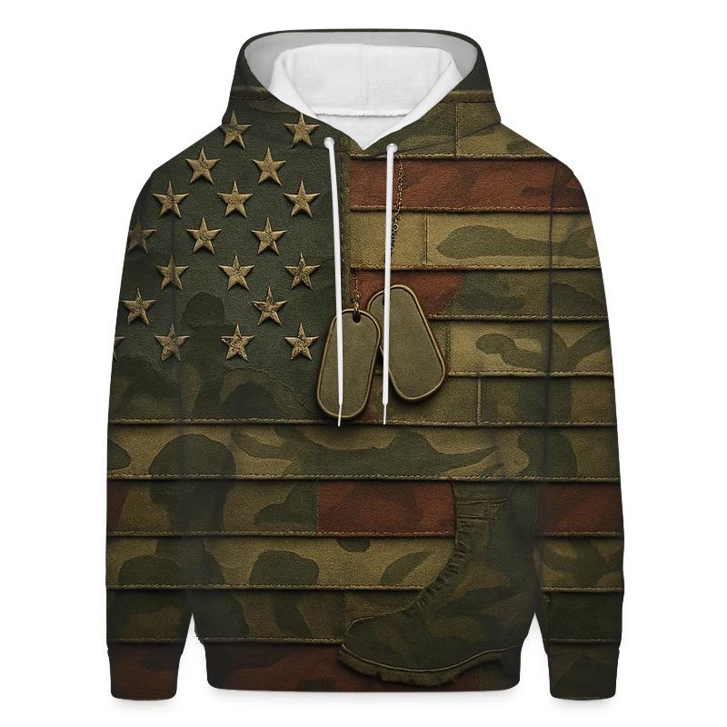 Camouflage Mosaic Flag With Service Emblems In Shadow heavyweight hoodies