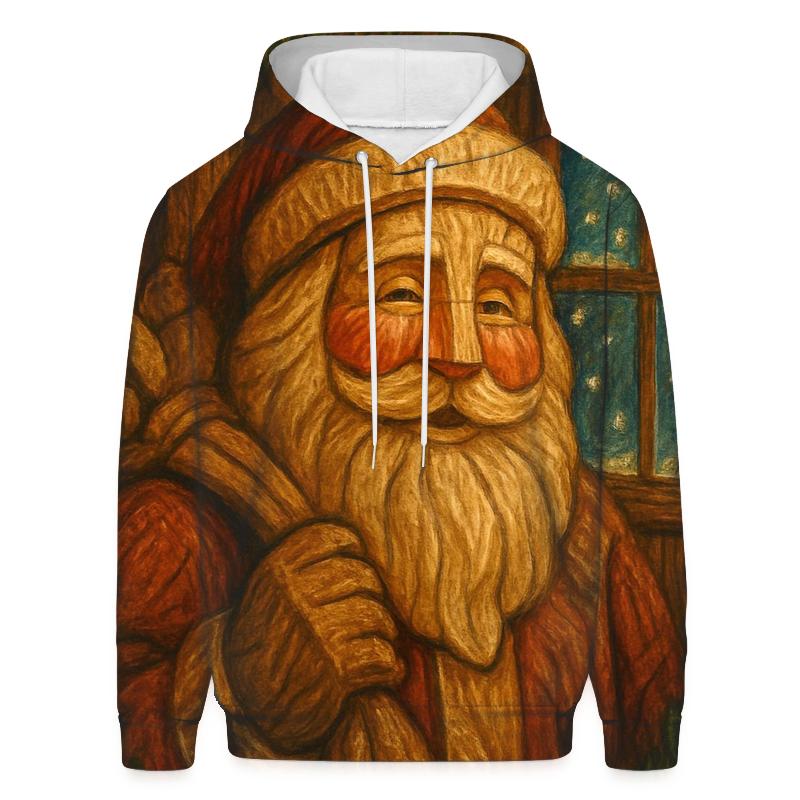 Vintage Wood Carved Santa Under Golden Garland Glow heavyweight hoodies