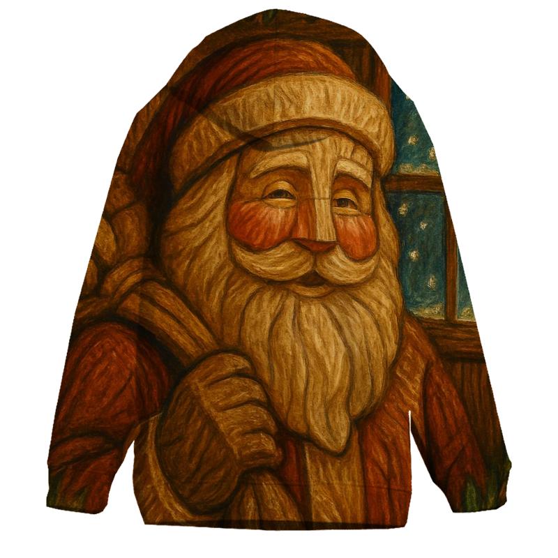 Vintage Wood Carved Santa Under Golden Garland Glow heavyweight hoodies