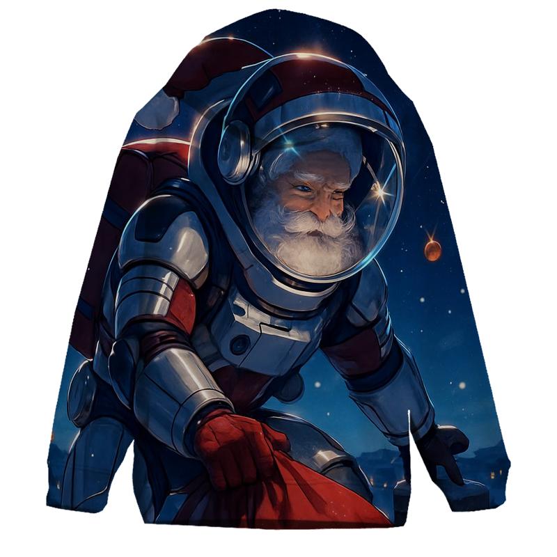 Santa Astronaut Delivering Gifts On A Starry Rooftop designer hoodies