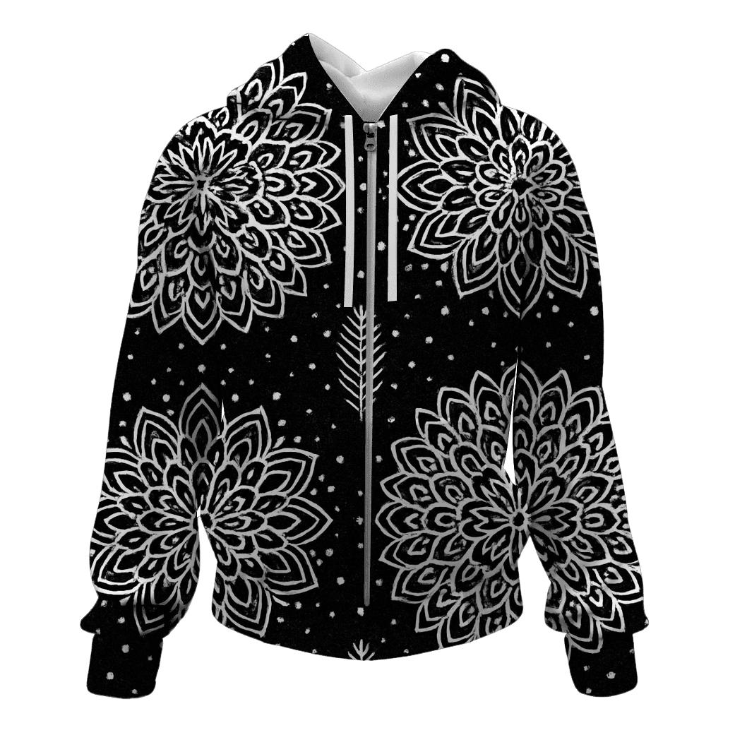 White Snowflake Rosette Medallions On Black Background zip-up hoodies