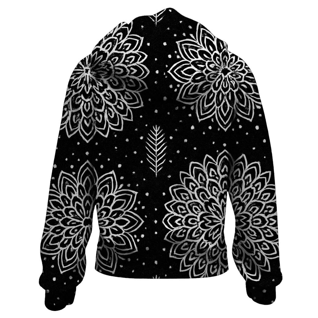 White Snowflake Rosette Medallions On Black Background zip-up hoodies