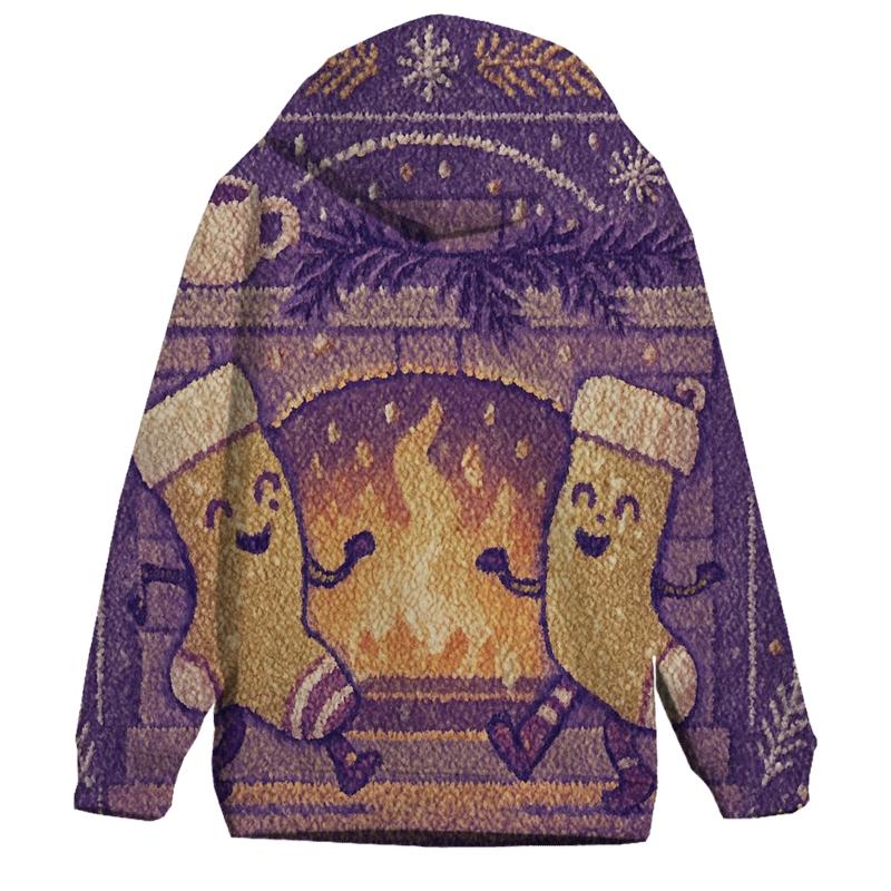 Cozy Knit Fireplace Scene With Dancing Stockings lightweight hoodies