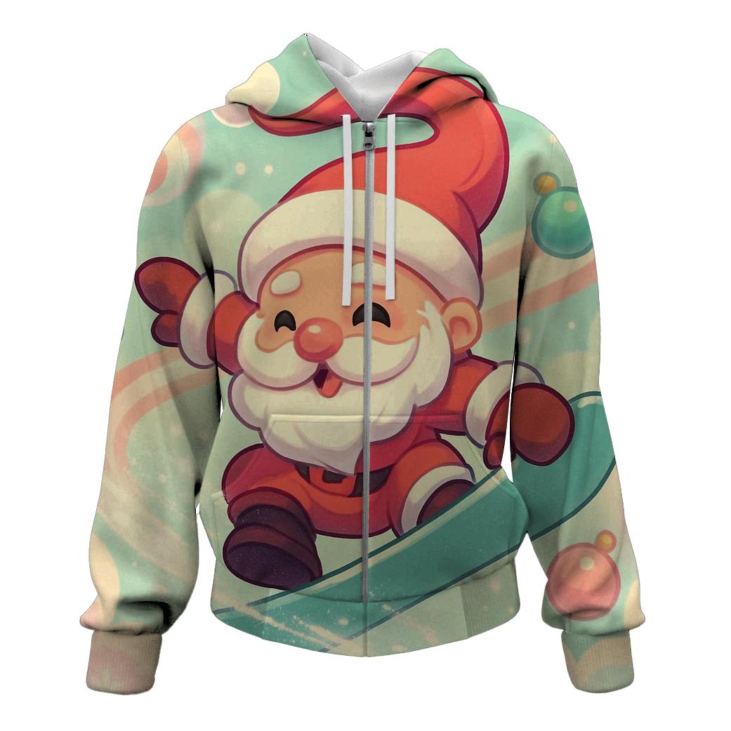Chibi Santa Snowboard Trick Through Peppermint Clouds graphic hoodies