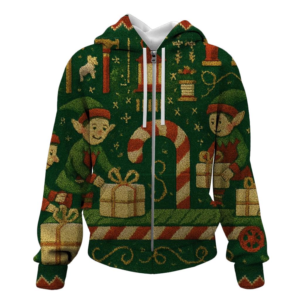 Elf Workshop Candy Cane Conveyor printed hoodies