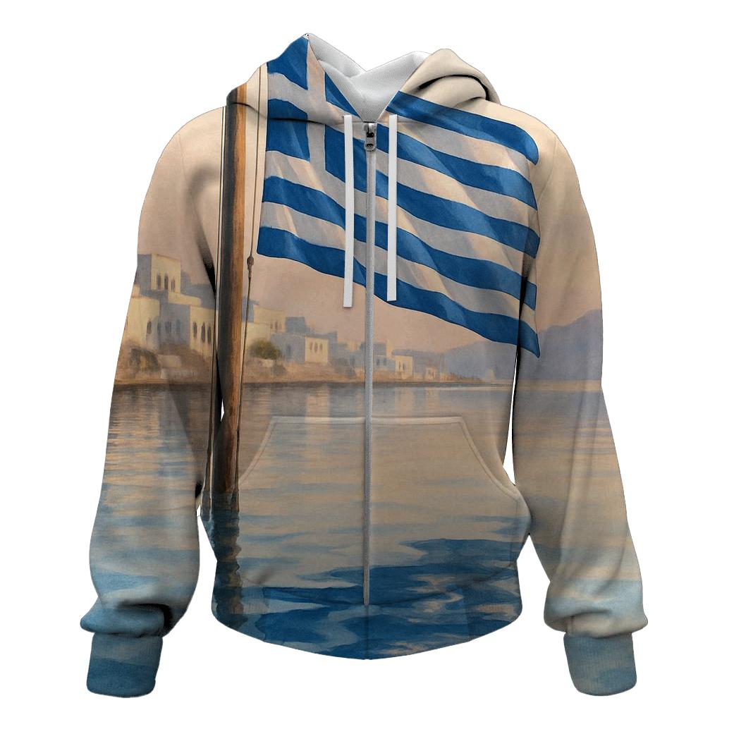 Flag Of Greece Reflected In Aegean Harbor Water hoodie designs
