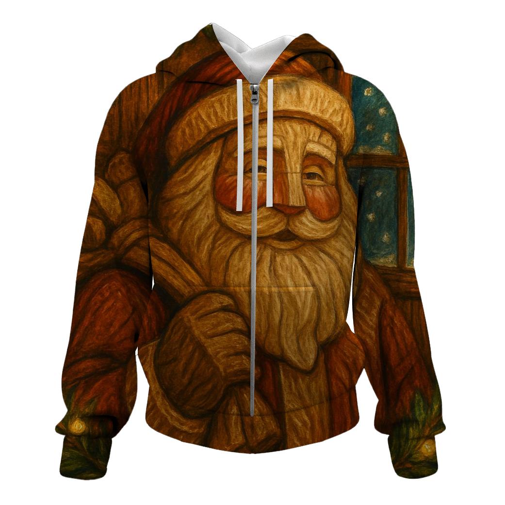 Vintage Wood Carved Santa Under Golden Garland Glow zip-up hoodies