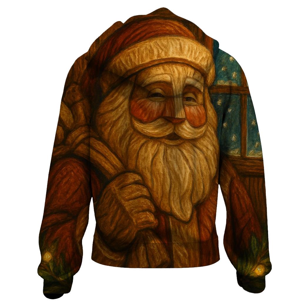Vintage Wood Carved Santa Under Golden Garland Glow zip-up hoodies