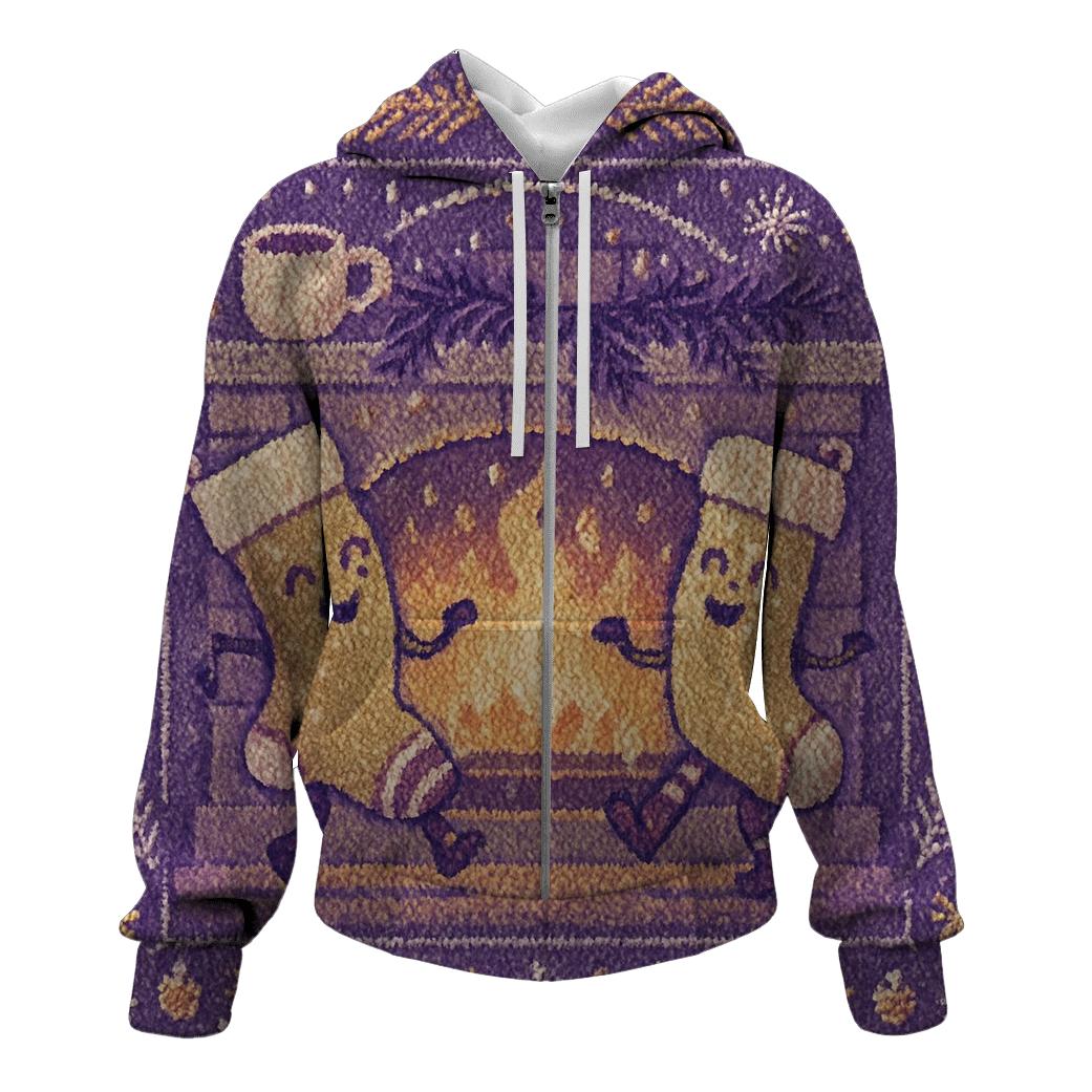 Cozy Knit Fireplace Scene With Dancing Stockings hoodie trends