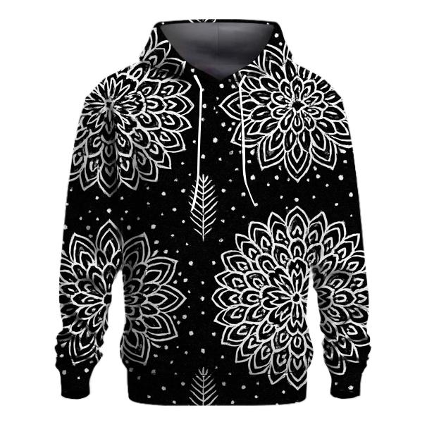 White Snowflake Rosette Medallions On Black Background lightweight hoodies