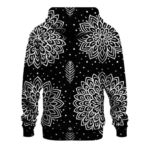 White Snowflake Rosette Medallions On Black Background lightweight hoodies