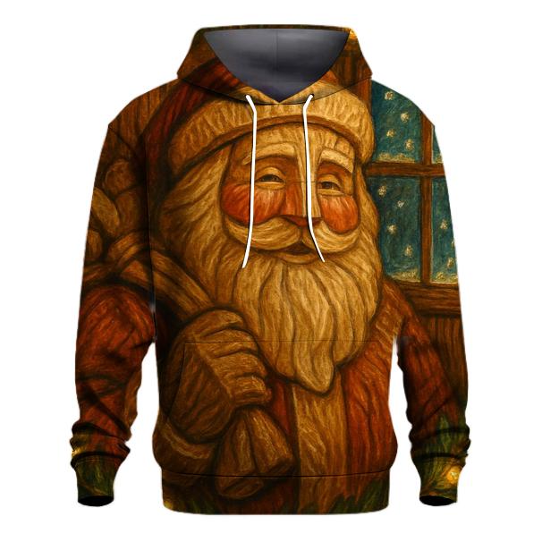 Vintage Wood Carved Santa Under Golden Garland Glow heavyweight hoodies