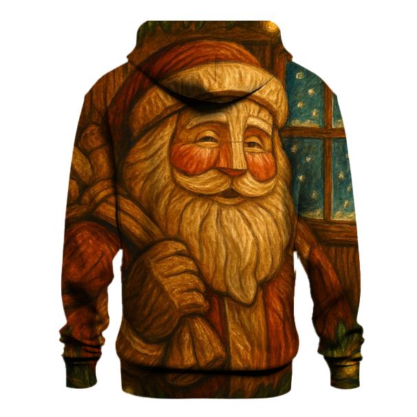 Vintage Wood Carved Santa Under Golden Garland Glow heavyweight hoodies