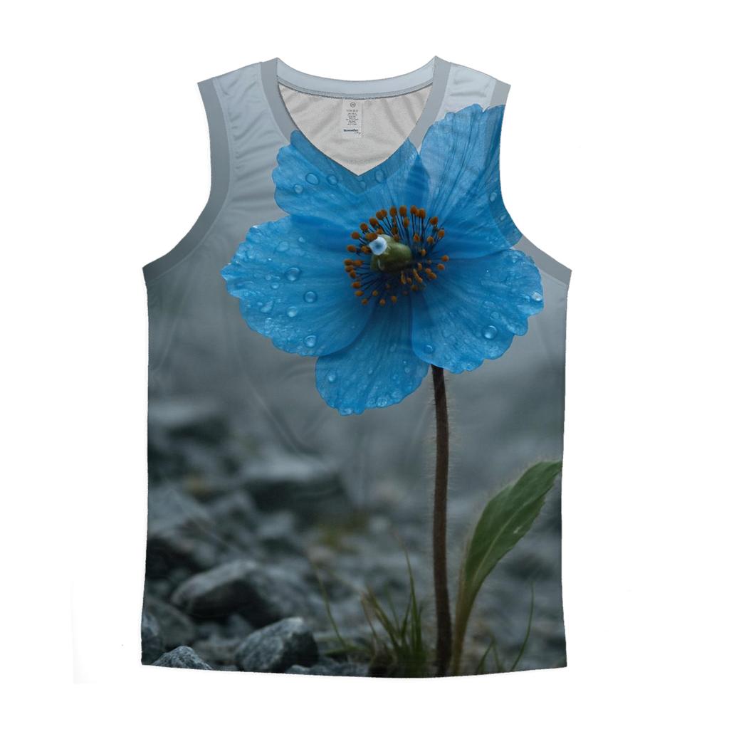 Himalayan Blue Poppy In Misty Alpine Scree graphic print tank tops