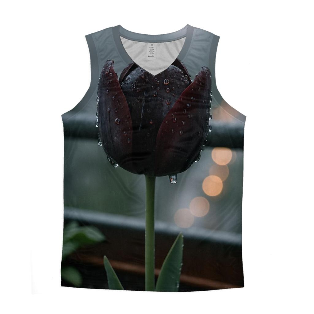 Black Tulip In Rain On A City Balcony trendy fitted tank tops