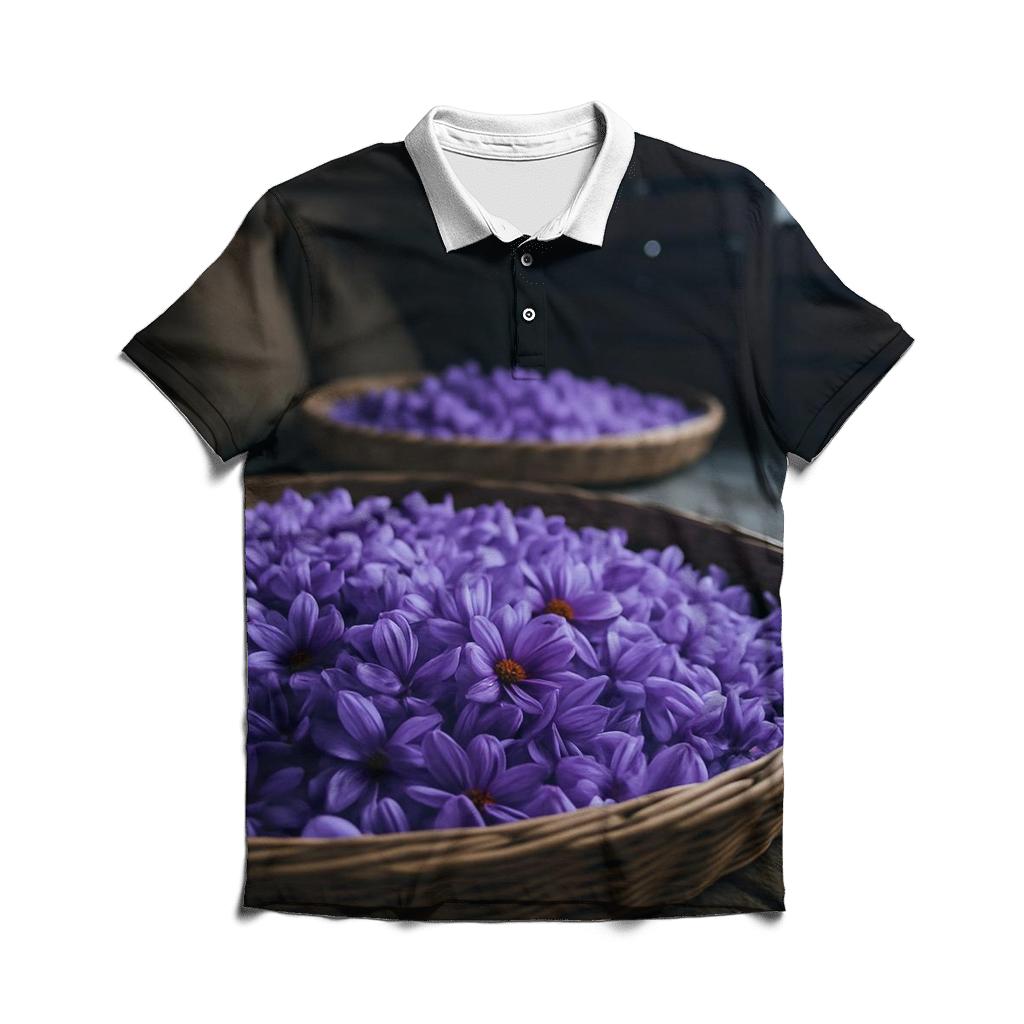 Saffron Crocus Harvest Trays At Dawn premium cotton polo shirts