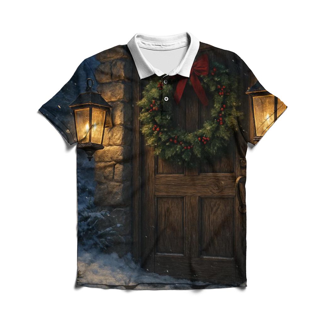 Candlelit Wreath On The Frosted Door personalized polo shirts