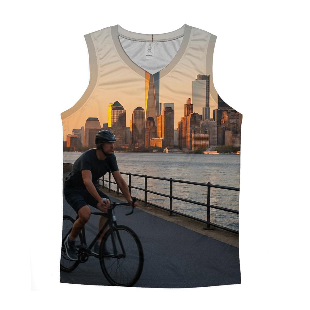 Sunset Cyclist On Governors Island With Harbor Skyline graphic print tank tops