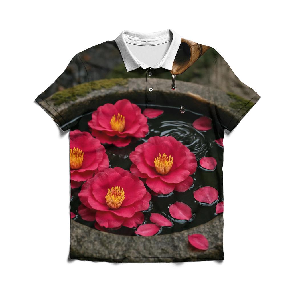 Camellia Petals Floating In A Stone Tsukubai Basin embroidered polo tops
