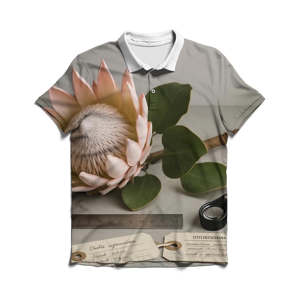 Protea Still Life With Botanical Measurement Tags embroidered polo tops