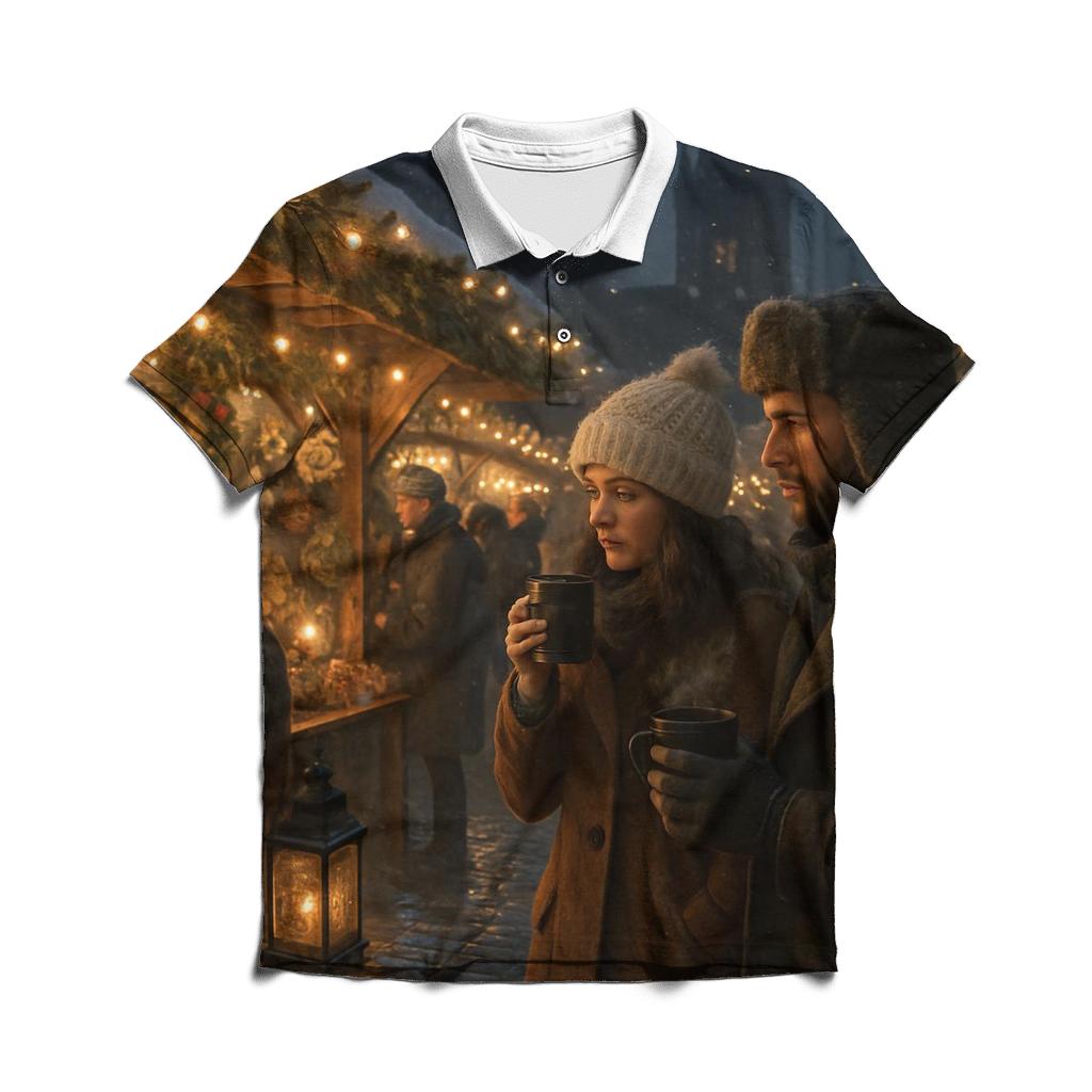 Snowy Market Street Under Lantern Glow personalized polo shirts
