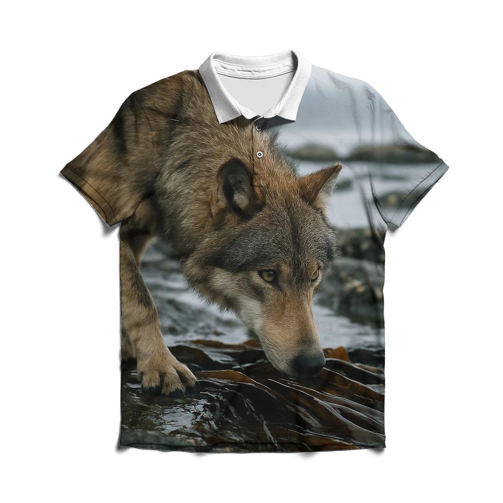 Coastal Wolf Hunting In Kelp Shadows casual sports polo shirts