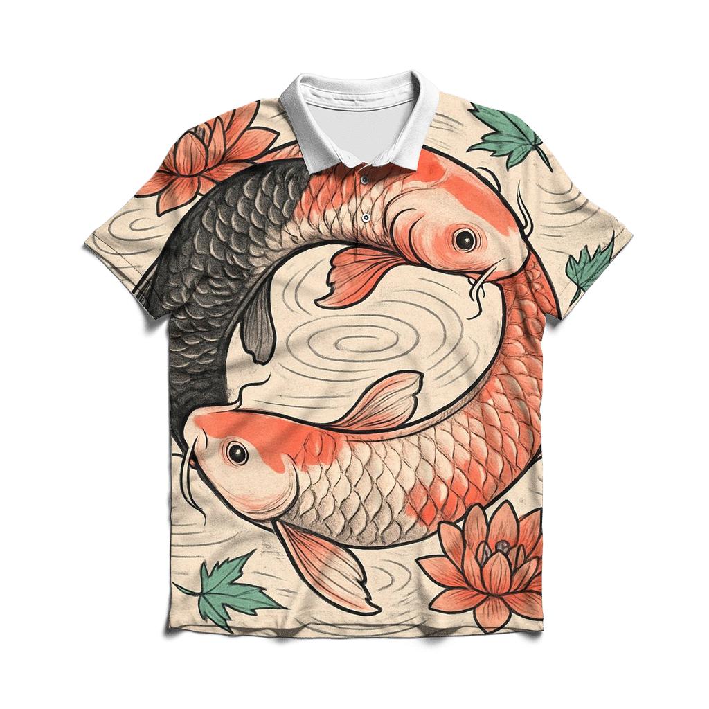 Ouroboros Koi Spiral In Still Water embroidered polo tops