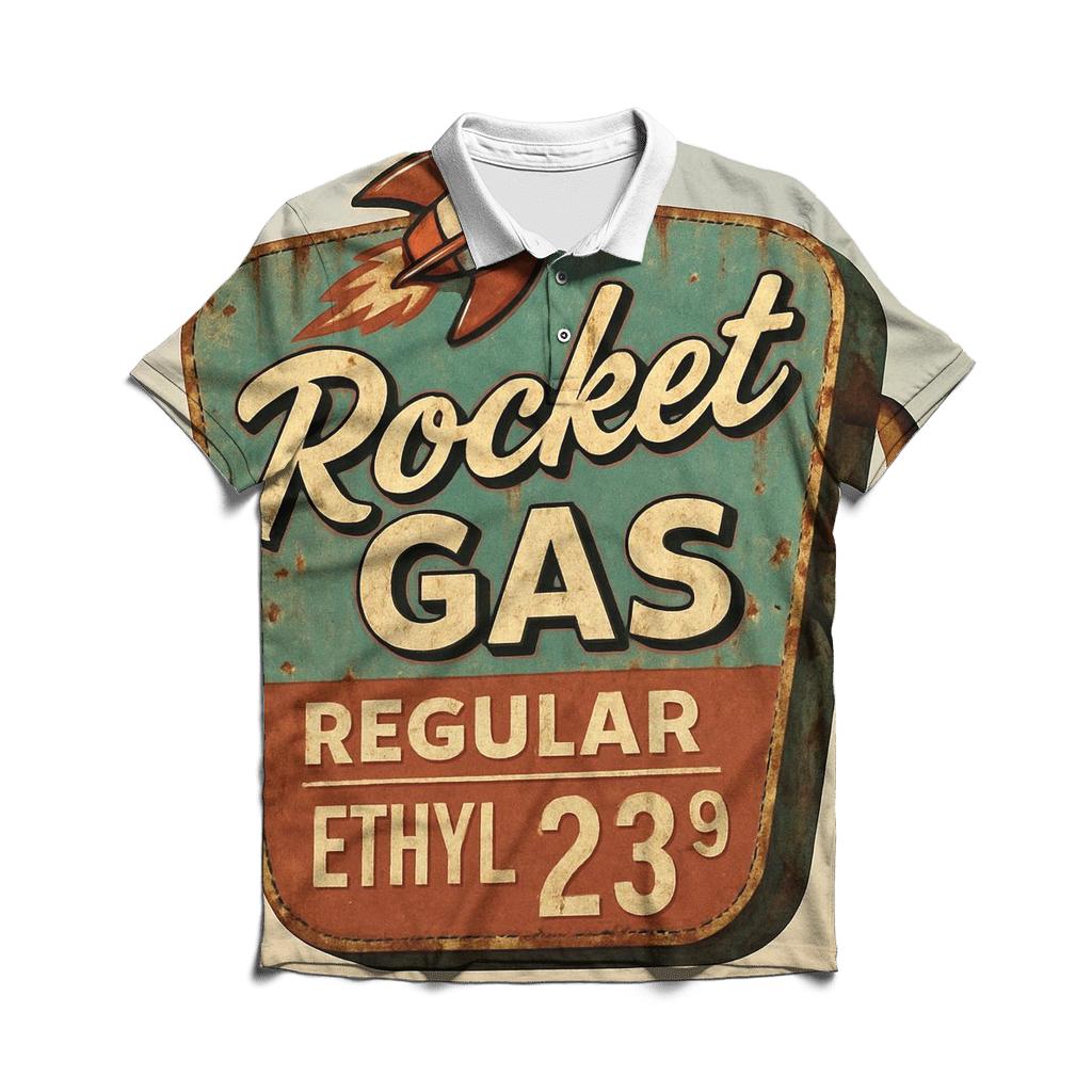 Sunbleached Desert Rocket Gas Station Sign branded logo polo shirts