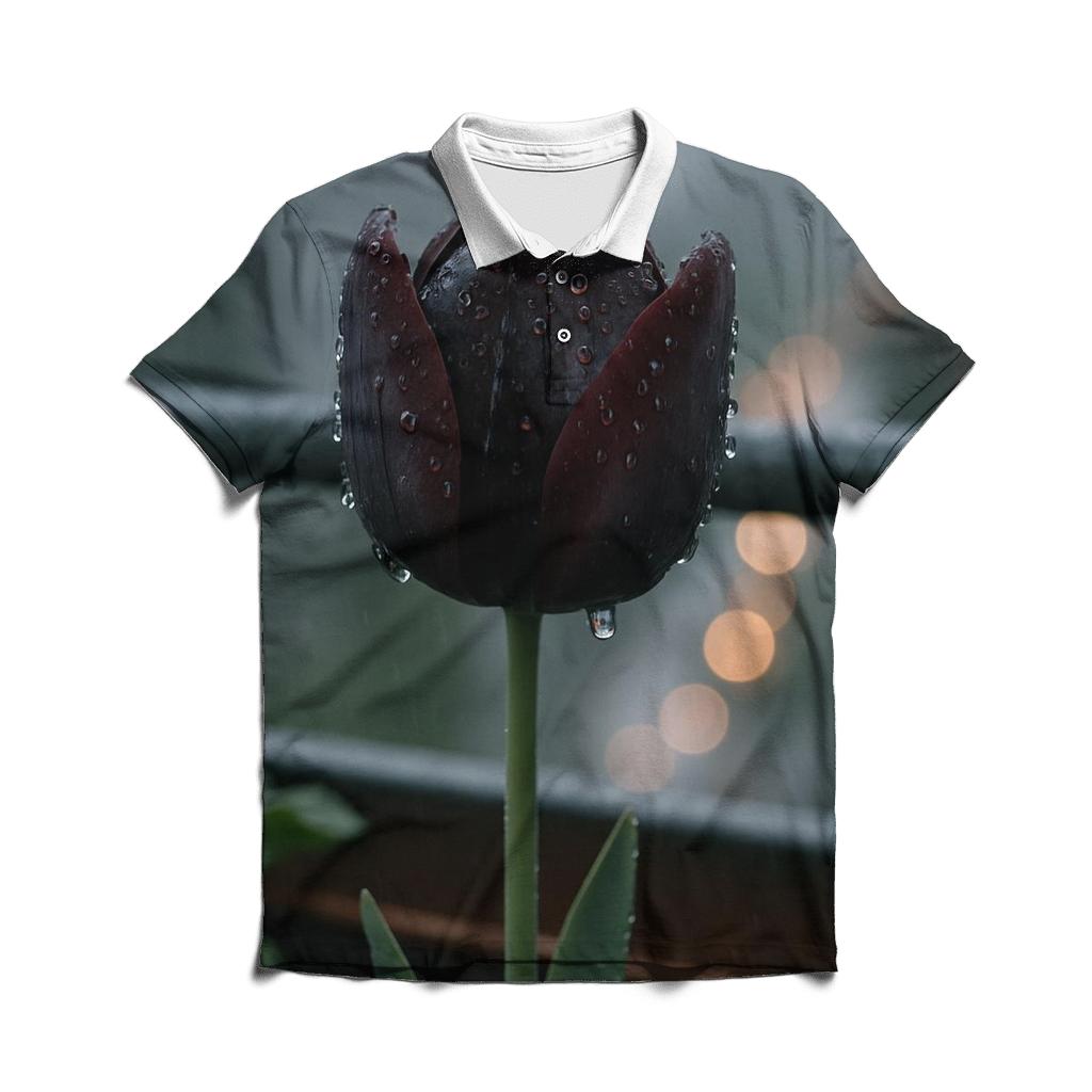 Black Tulip In Rain On A City Balcony stylish collar polo tees