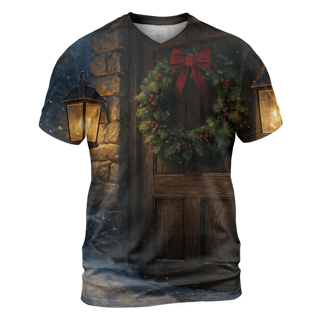 Candlelit Wreath On The Frosted Door artistic all-over print tops