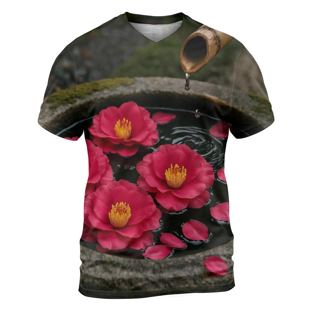 Camellia Petals Floating In A Stone Tsukubai Basin trendy printed shirt styles