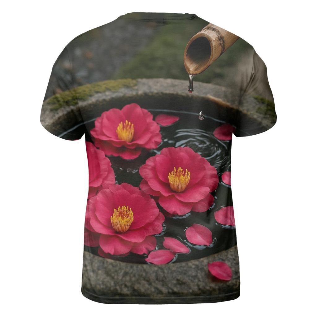 Camellia Petals Floating In A Stone Tsukubai Basin trendy printed shirt styles