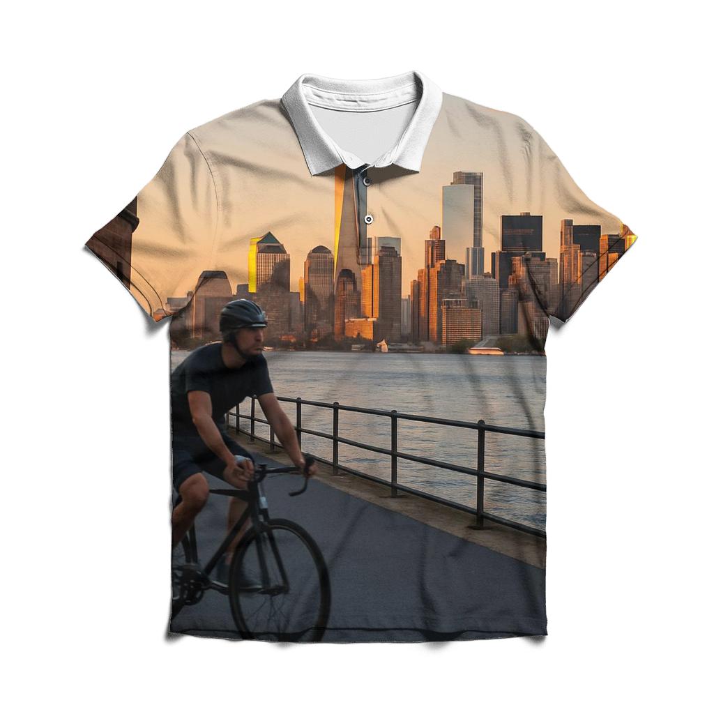 Sunset Cyclist On Governors Island With Harbor Skyline premium cotton polo shirts