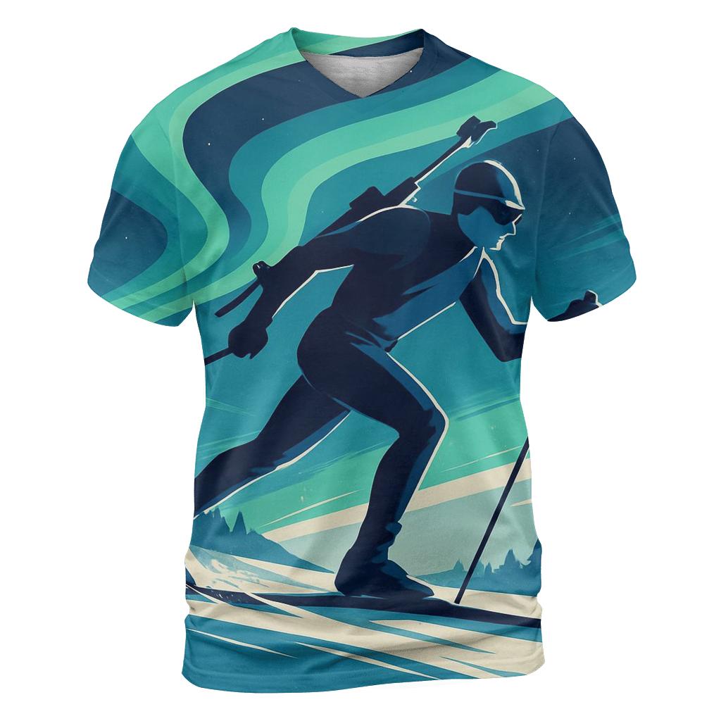 Midnight Biathlon Aurora Chase vibrant all-over design tees