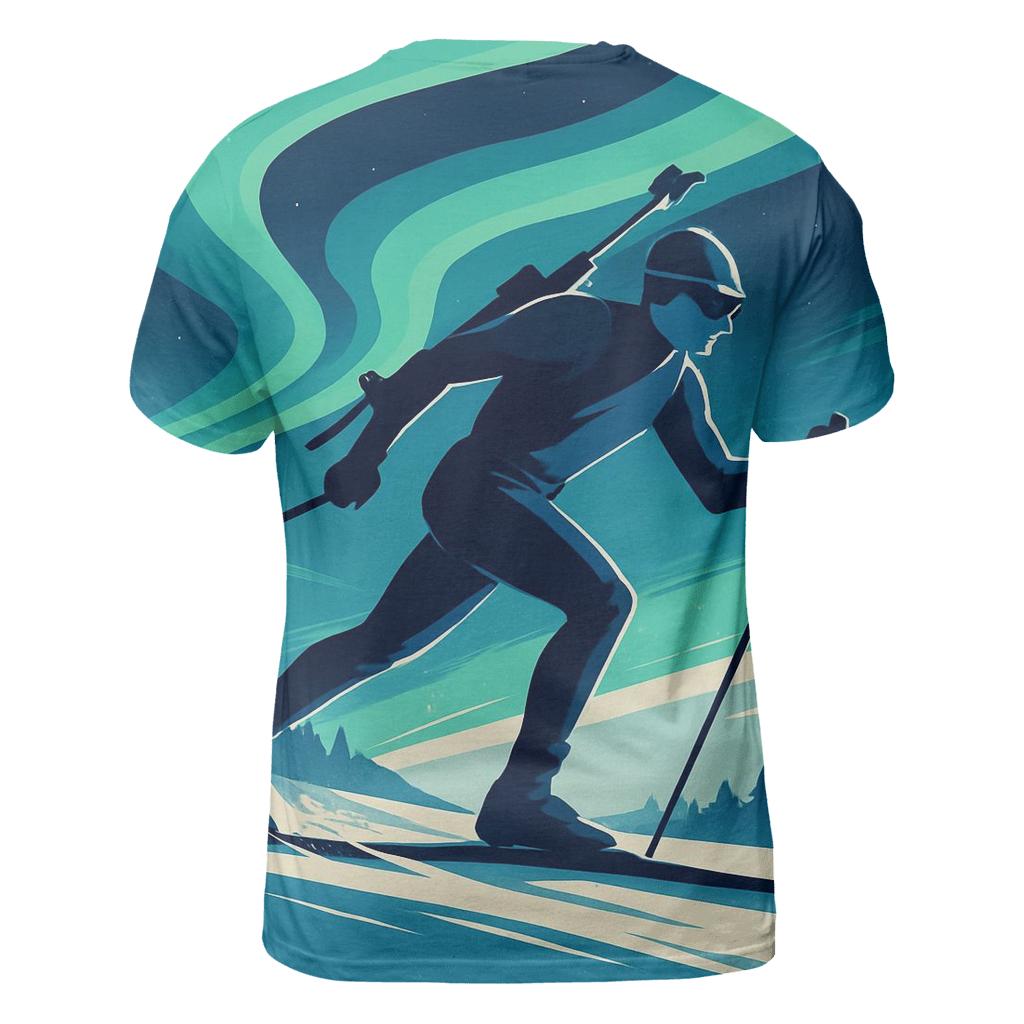 Midnight Biathlon Aurora Chase vibrant all-over design tees