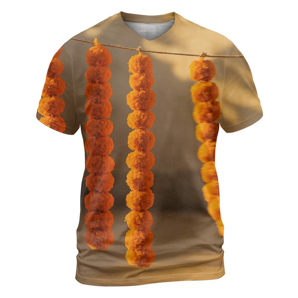 Marigold Garlands Drying On A Courtyard Line statement graphic shirts
