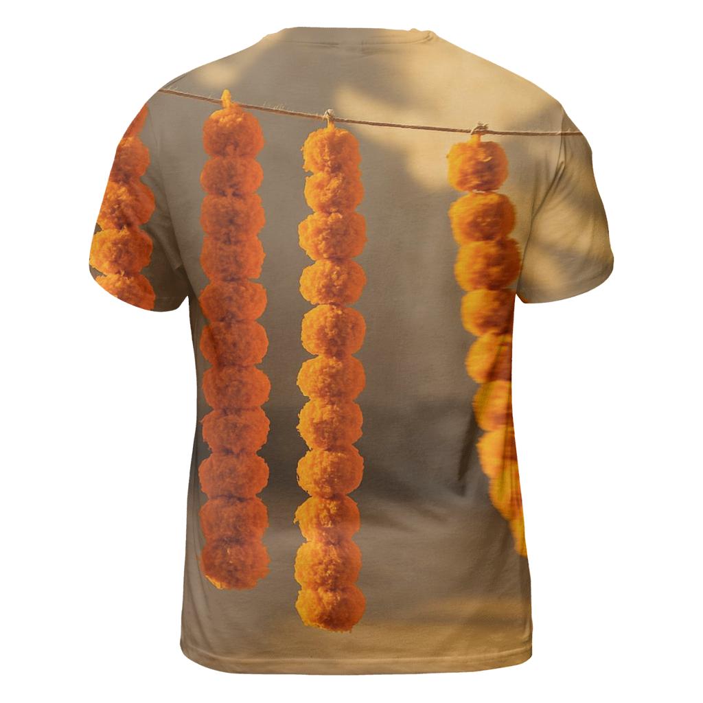 Marigold Garlands Drying On A Courtyard Line statement graphic shirts