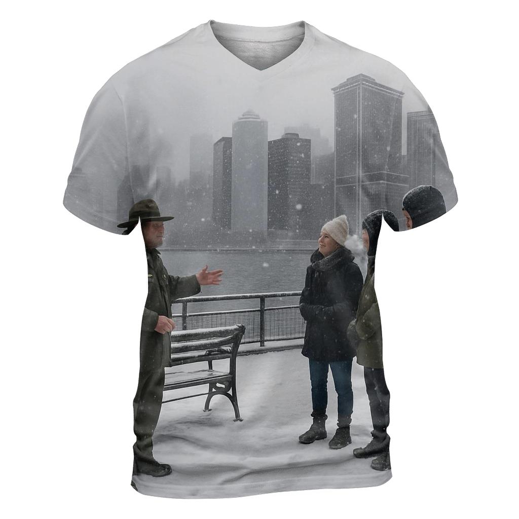 Battery Park Snowfall With Skyline And Ellis Island Horizon unique graphic print tees