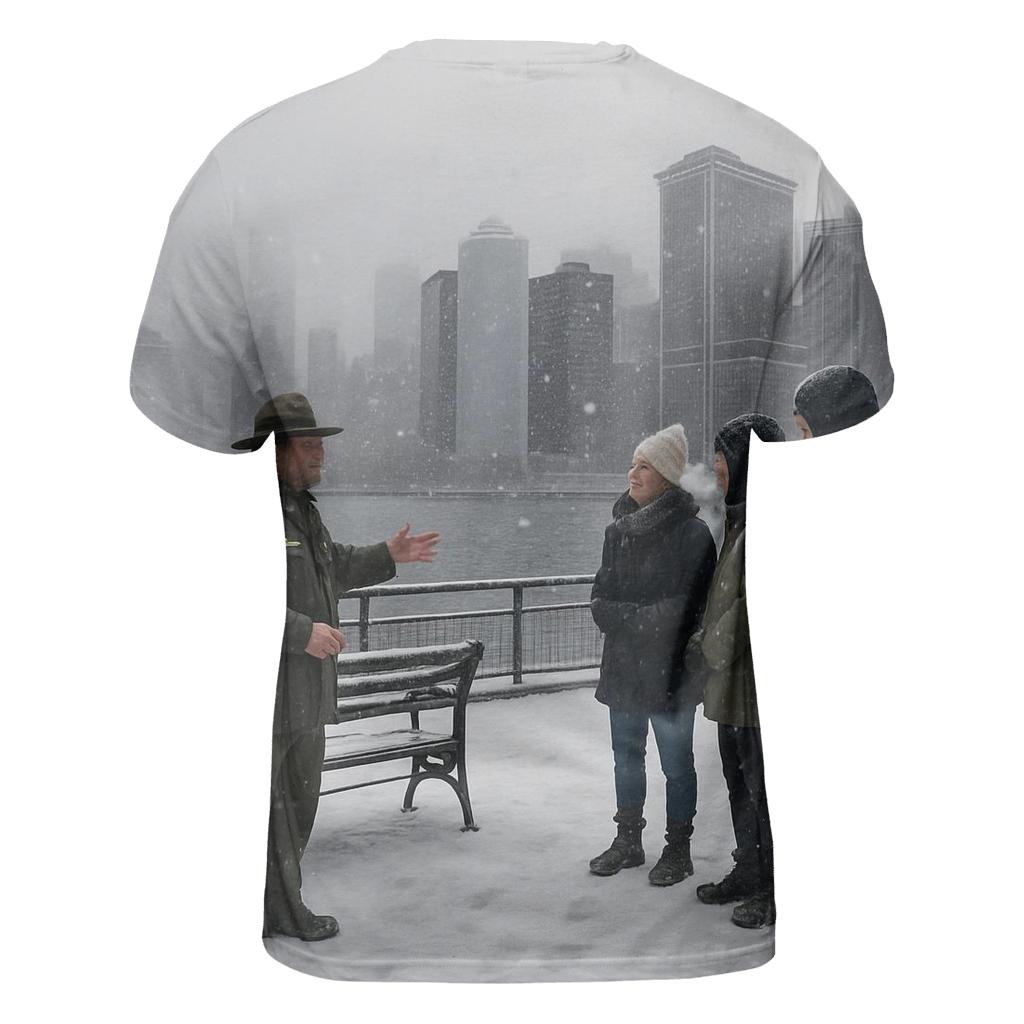 Battery Park Snowfall With Skyline And Ellis Island Horizon unique graphic print tees