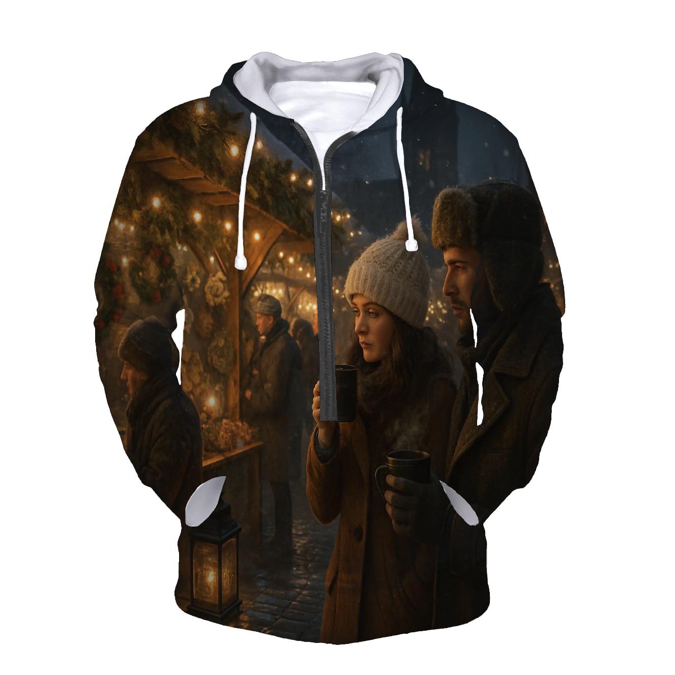 Snowy Market Street Under Lantern Glow lightweight hoodies