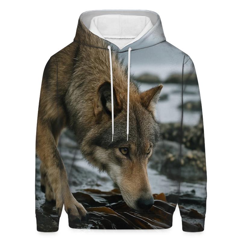 Coastal Wolf Hunting In Kelp Shadows premium hoodies
